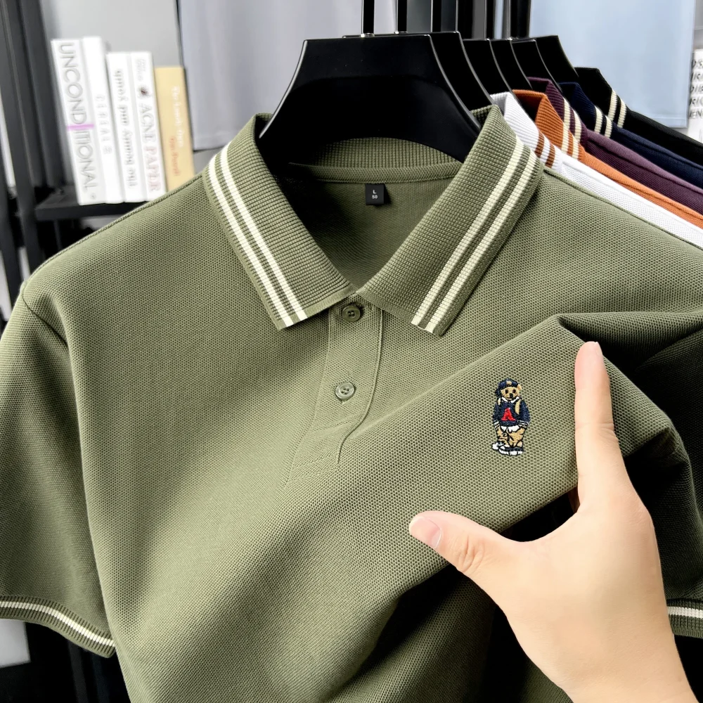 100% pure cotton summer mens original design embroidered bear short sleeve new fashion hot selling polo shirt breathable T-shirt 3