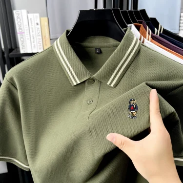 100% pure cotton summer mens original design embroidered bear short sleeve new fashion hot selling polo shirt breathable T-shirt 3
