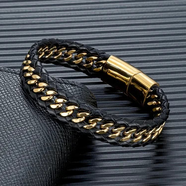 MKENDN Punk Men Braided Woven Black Leather Bracelets Black Stainless Steel Bangle for Friend Charm Fashion Jewelry Gifts 3