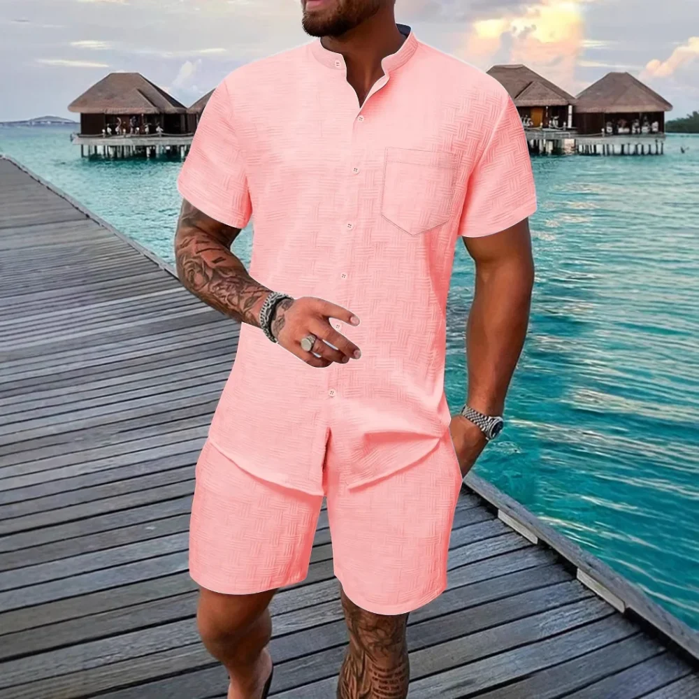 Fashion casual shirt short sleeve shorts suit men's stand collar shirt can cardigan outdoor beach two-piece set 5