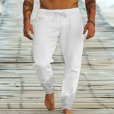 Men's Cotton Linen Casual Sweatpants Beach Pants Joggers Solid Drawstring Elastic Waist Pants Male Vacation Loose Straight Pants 3