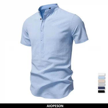 AIOPESON Men's Short Sleeve Solid Color Linen Shirt Turn Down Collar Casual Summer Breathable Comfort Shirts for Men‌ 1