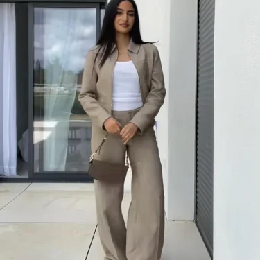 Casual Trousers Set Women Cotton Linen Lapel Zippers Crop Top Straight Pants Sets Lady Spring Autumn Solid Suit Woman Streetwear 5