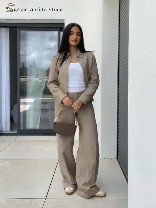 Casual Trousers Set Women Cotton Linen Lapel Zippers Crop Top Straight Pants Sets Lady Spring Autumn Solid Suit Woman Streetwear 5