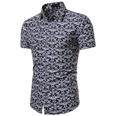 Summer New Men's Short Sleeved Shirt Thin Collar Hawaiian Style Floral Shirt Vacation Series Men's Shirt 3