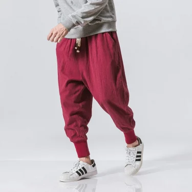 Cotton Linen Harem Pants Men Solid Elastic Waist Streetwear Joggers New Baggy Drop-crotch Pants Casual Trousers Men 3
