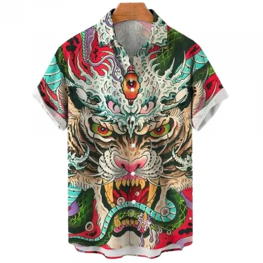 Japanese Men's Shirts Koi Print Hawaiian Buttons Beach Aloha Tops New 2024 3