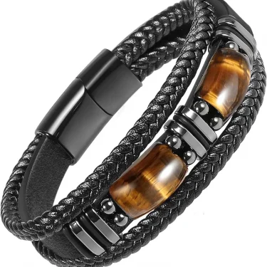 Tiger Eye Black Leather Bracelet Men Natural Gemstone Crystal Stone Jewelry Handmade Courage Stress Relief Protection Bracelet 1