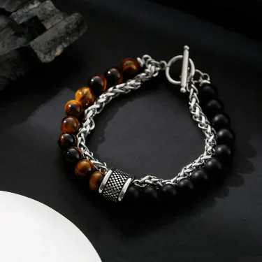 Natural Stone Tiger Eye Stainless Steel Chain OT Button Double Bead Bracelet For Men Hand Chain Accessories 2025 New 2
