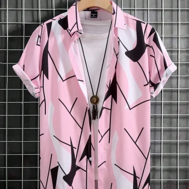 Men's And Women's Fun Block Pattern Printed Shirts Casual Design Short Sleeve Shirts Fashion Button-Ups 3