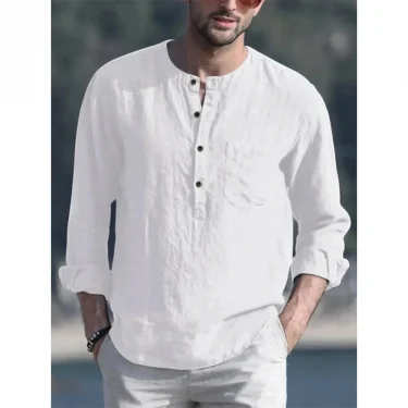 Cotton Line Hot Sale Men's Long-Sleeved Shirts Summer Solid Color Stand-Up Collar Casual Beach Style Plus Size 6