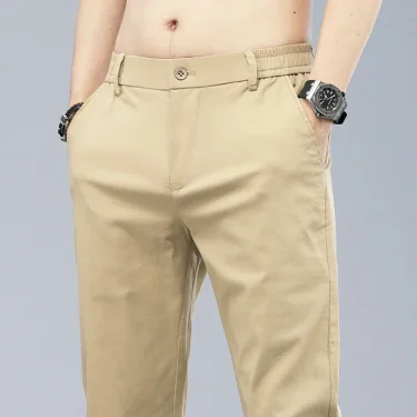 Spring Summer Cotton Men Casual Pants Elastic Waist Business Korean Fashion Straight Classic Solid Color Trousers Black Khaki 6