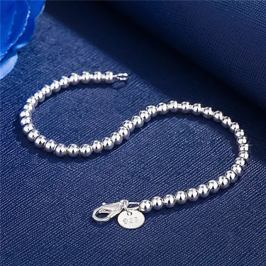 925 Sterling Silver Plated 4MM Beads Ball Chain Bracelet For Women Men Fashion Jewelry elegant Jewelry Birthday Gift for women 5