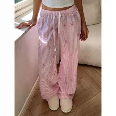 2025 Women Sweet Bow Striped Pants Casual Loose Elastic Waist Wide Leg Drawstring Long Trousers Summer Streetwear 2