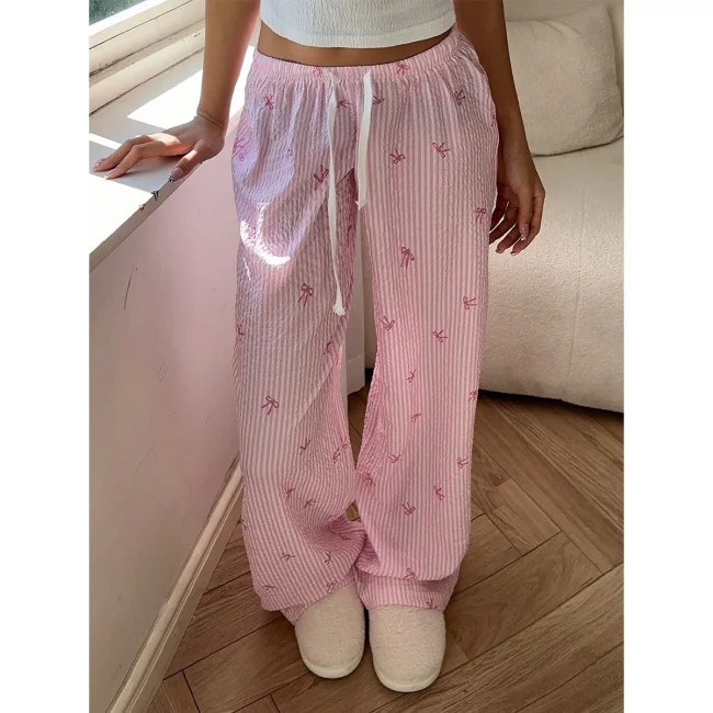 2025 Women Sweet Bow Striped Pants Casual Loose Elastic Waist Wide Leg Drawstring Long Trousers Summer Streetwear 2