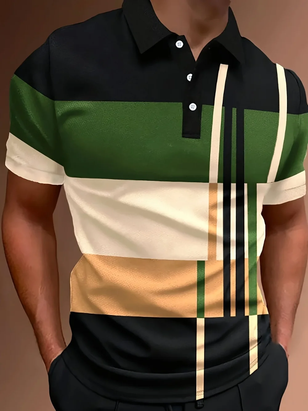 2025 Men'S Casual Geometric Print Knit Polo-Style Shirt with Lapel Collar and Slight Stretch -Polyester Material - Regular Fit 3
