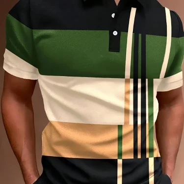 2025 Men'S Casual Geometric Print Knit Polo-Style Shirt with Lapel Collar and Slight Stretch -Polyester Material - Regular Fit 3