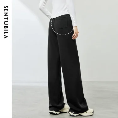 SENTUBILA Straight Cotton Pants Women 2025 Spring New Solid Elastic Waist Pockets Full-length Trousers Feamle Clothing 141K53880 2