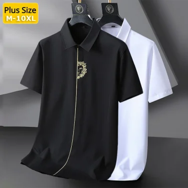 Upto 10XL Size Short Sleeve Embroidered Shirt Men's Casual Loose Oversized Black and White Short Sleeve Shirt Summer 1