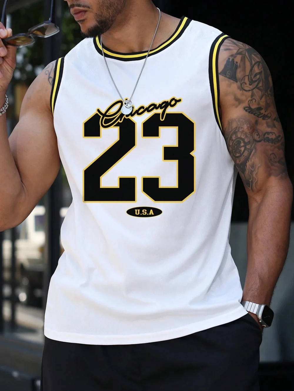 USA Chicago No.23 Printed Vest Top Men's Loose Speed Dry Black and White Sleeveless Running Playing and Exercise Tank Top Vest 3