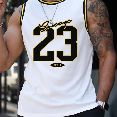 USA Chicago No.23 Printed Vest Top Men's Loose Speed Dry Black and White Sleeveless Running Playing and Exercise Tank Top Vest 3