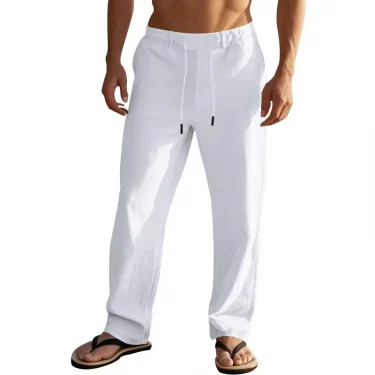 2024 drawstring men's simple fashion solid color casual cotton and linen straight trousers 1