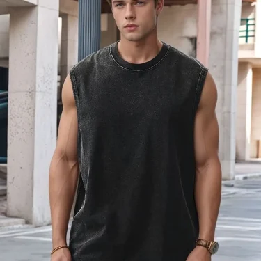 Summer Men's Washed Cotton Tank Tops Muscle Gym Sleeveless Workout T Shirts Running Beach Loose Cutoff Tees 1