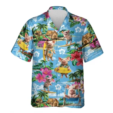 Funny Animal Pig 3D Printed Beach Shirt Cute Pet Graphic Shirts For Men Clothes Casual Hawaiian Surfing Short Sleeve Boy Blouses 4