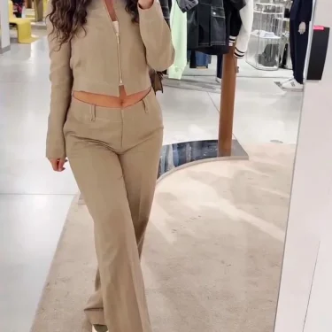 Casual Trousers Set Women Cotton Linen Lapel Zippers Crop Top Straight Pants Sets Lady Spring Autumn Solid Suit Woman Streetwear 4