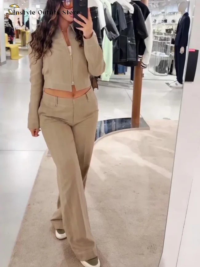 Casual Trousers Set Women Cotton Linen Lapel Zippers Crop Top Straight Pants Sets Lady Spring Autumn Solid Suit Woman Streetwear 4