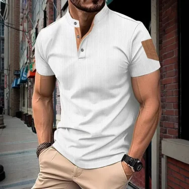 Men's summer fashion short sleeved T-shirt men's business casual Henley shirt breathable solid color stand up collar top 5