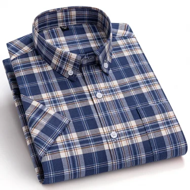 New Men's Social Shirt Short Sleeve 100% Pure Cotton Oxford Soft Buttoned Plaid Formal Male Clothes Pocket Social Shirt 6XL 7XL 1