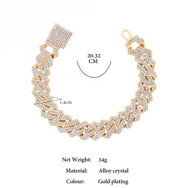2024 NEW Hip Hop Men Link Bracelet 13/14MM Cuban Chain Iced Out 2 Row Rhinestone Paved Miami Rhombus Bracelet for Women Jewelry 6