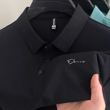 Summer New Men's Ice Silk Lapel Polo Casual Pure Color Versatile Short-Sleeved T-Shirt Tops for Men 2