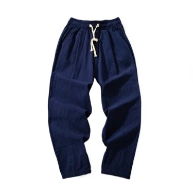 Summer Men Cotton Trousers Casual Solid Color Long Pants Breathable Drawstring Straight Streetwear Harem Pants Men Baggy Pants 4