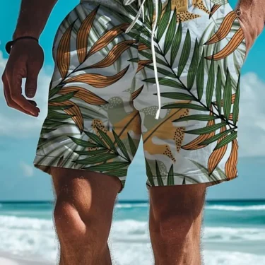 Leaf Tropical Men's Board Shorts Hawaiian Short 3D Printed Swim Trunks Elastic Drawstring Breathable Stretch Aloha Style 1
