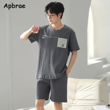 Summer Men Faux Cotton Pajamas Set Short Sleeves Shorts Sleepwear for Boy Big Size L-3XL Young Man Pijamas Pullover Homewear 5