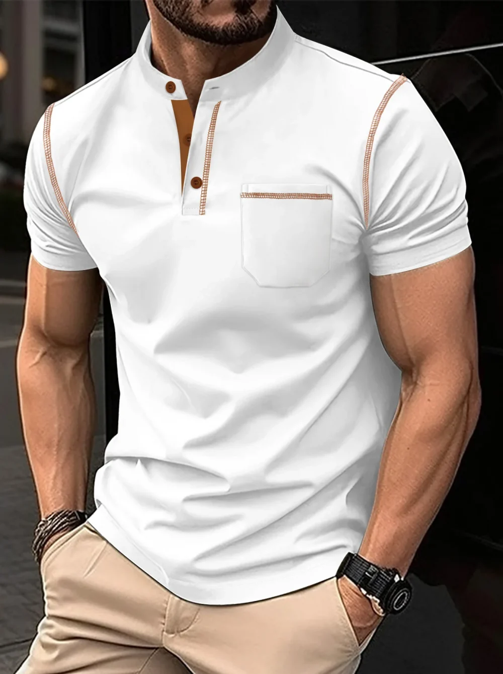 Summer New Men Henry collar short sleeve golf POLO shirt personality pocket style casual breathable sports street fashion top 2