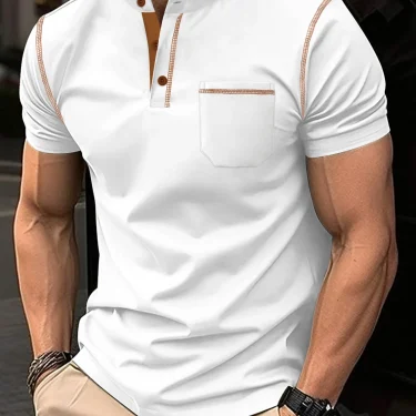 Summer New Men Henry collar short sleeve golf POLO shirt personality pocket style casual breathable sports street fashion top 2