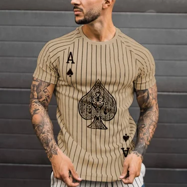 Poker Spade and King Summer Hot Sales Men's Vertical Striped T-shirt Round Neck Fashion Short Sleeve Street Wear 5