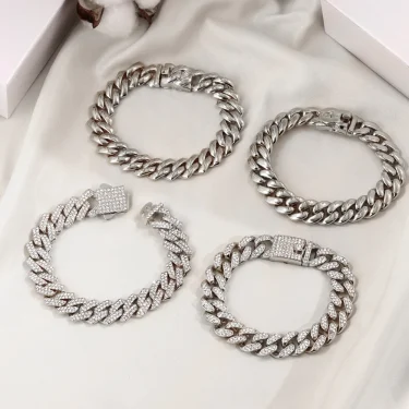 1Pcs 13/14MM Cuban Chain Bracelet for Men Women Prong Miami Rhinestones Cuban Bracelets Wristband Hiphop Gifts Jewelry 2