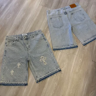 Streetwear Vintage Blue Denim Shorts Y2K Jeans Mens Womens Hip Hop Cross Rhinestone Sequin Baggy Shorts Low Waist Casual Shorts 1
