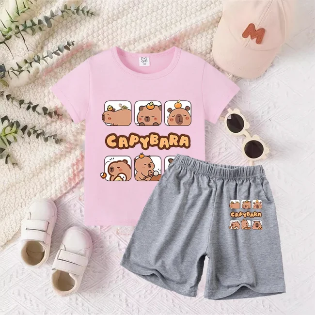 Capybara Baby T-Shirt Shorts Suit Boys Girls Summer Clothes Outfit Tracksuit Cartoon Anime Printed Tees Kids Pajamas Sets Gift - Image 6
