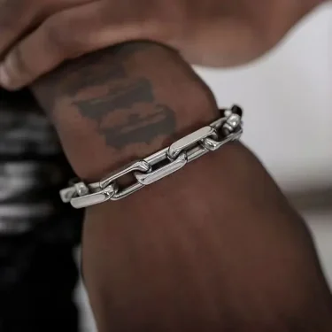 Casual Rectangle Chain Bracelets for Men Boys,Silver Color Stainless Steel Wristband,Punk Anniversary Jewelry Gifts 1