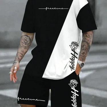 Retro Printed Men's T Shirt And Shorts Set Summer Trend Daily Urban Street Style Two Piece Round Neck Comfortable Outfit For Men 1