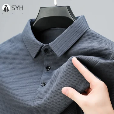 New Men's Business Fashion Casual Long Sleeved Shirt Solid Color Polo Shirt Fashionable Breathable Comfortable Versatile Top 4