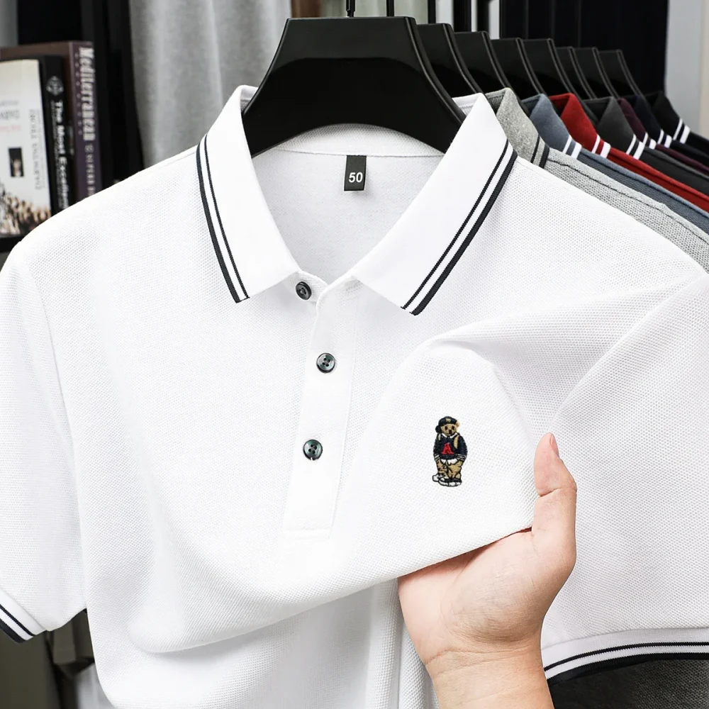 Fashion cartoon bear embroidery 100% cotton short sleeve polo shirt brand new stripe decoration lapel T-shirt comfort men's wear 4