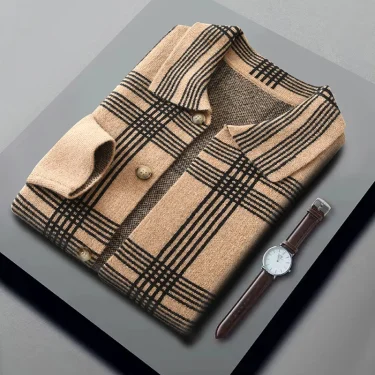 100% Merino Wool Men's Lapel Collar Knit Cardigan Coat 2025 Spring/ Autumn New POLO Neck Grid Suit Shirt Cashmere Jacket Sweater 1