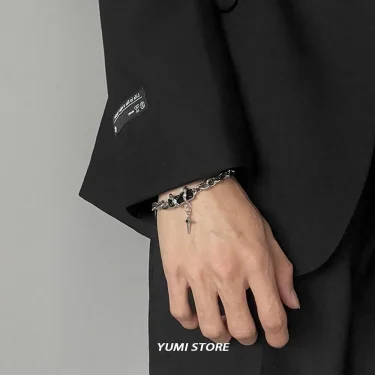 2024 Retro Black Zircon Star Bracelet For Women Men Trend Titanium Steel Punk Nk Chain Unisex Jewelry New Couple Accessories 4