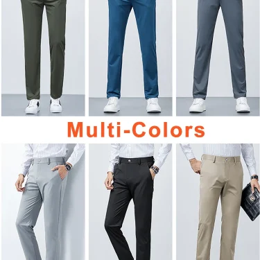 New Summer Men Long Pants Breathable Stretched Spandex Nylon Slim Thin Chinos Male Business Formal Straight Suit Trousers 2